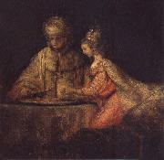 REMBRANDT Harmenszoon van Rijn Haman,Esther and Ahasuerus oil